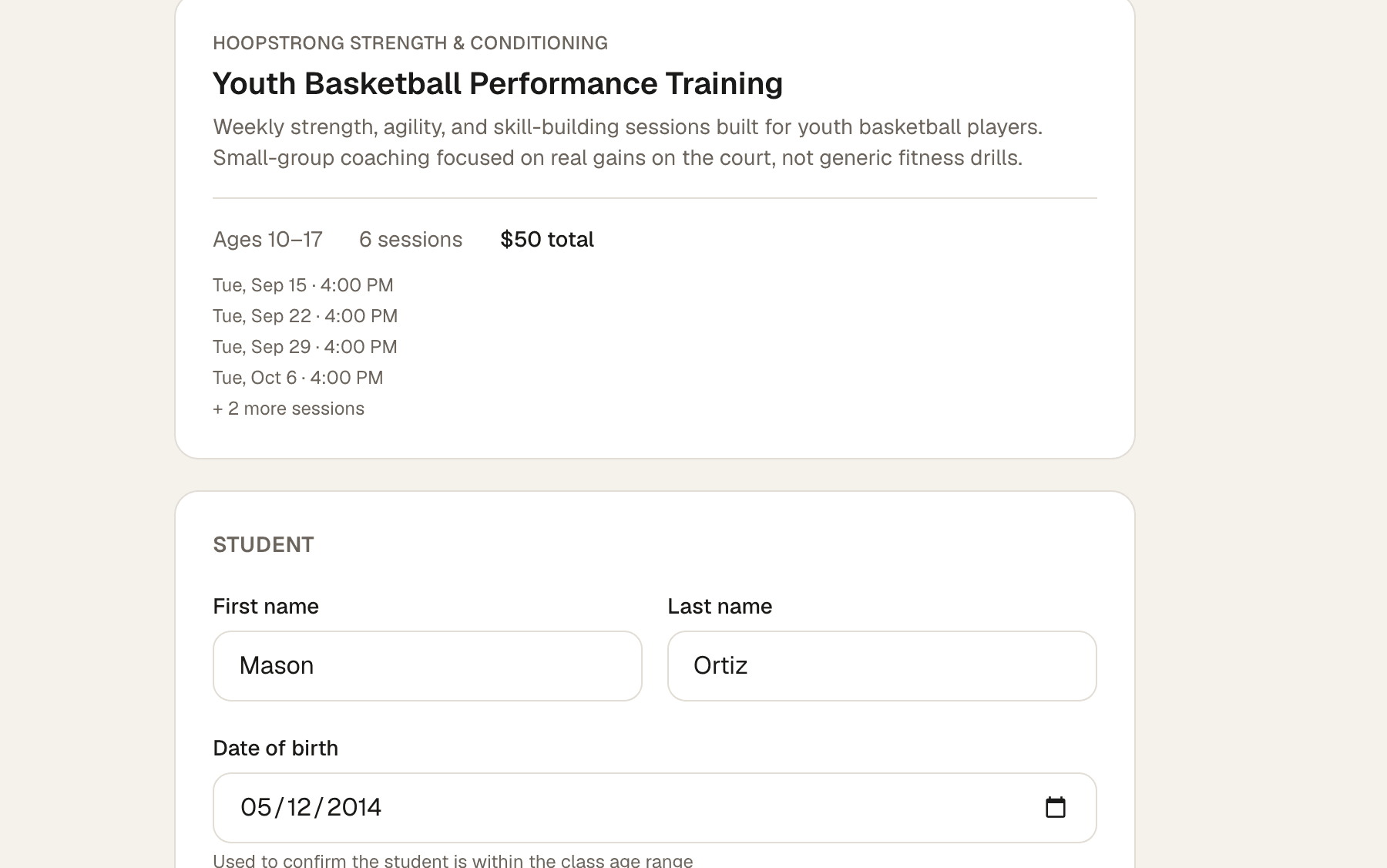 The enrollment form a family fills out on a teacher’s Pydia profile